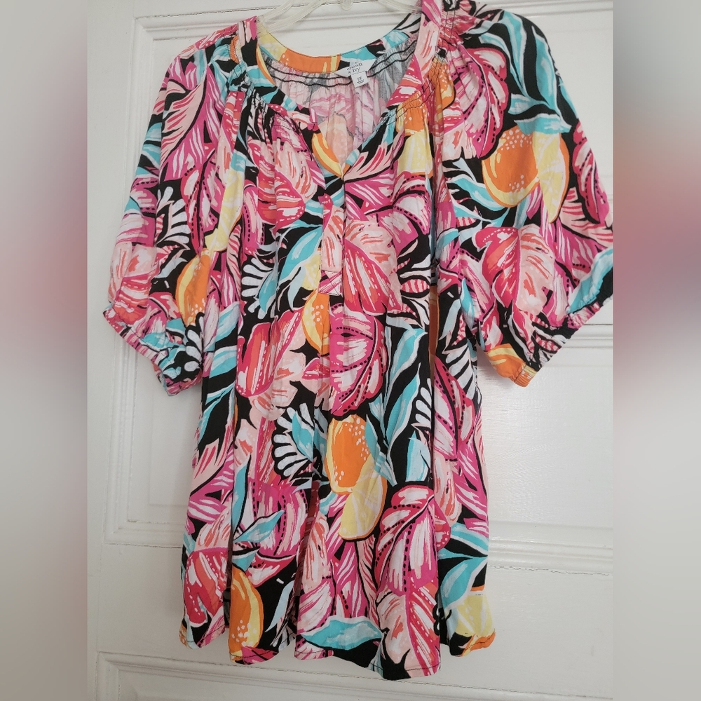 Crown & Ivy Vibrant Floral Blouse - Pink, Orange, Blue